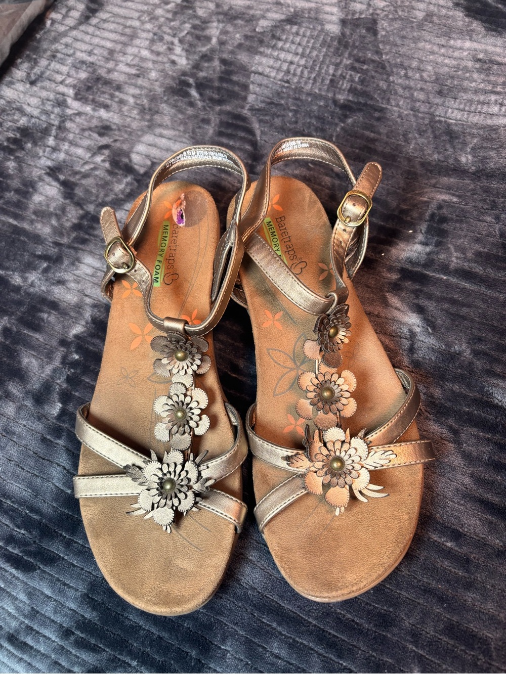 BareTraps Bronze Metallic Floral T-Strap Sandals